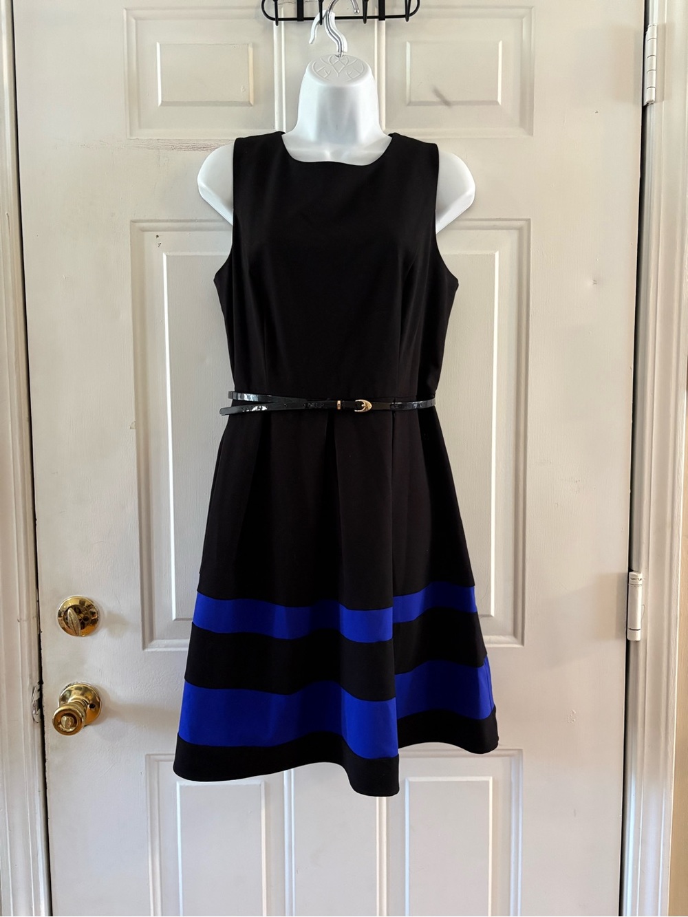 AB Studio Sleeveless Black Midi Dress with Royal Blue Stripes